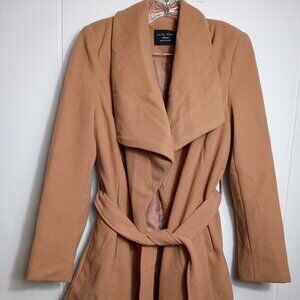 Love Tree Tan Camel Brown Open Front Belted Trench Coat Women M Jacket Old Money